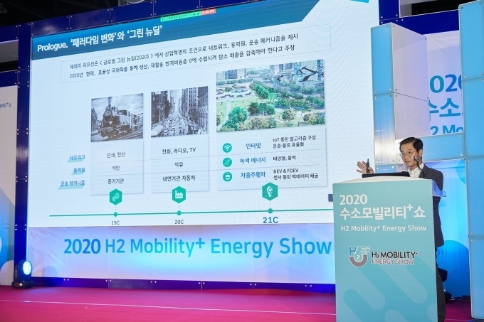 2일 오후 1시부터 열린 제1회 수소모빌리티+쇼 국제수소포럼에서 현대자동차 김세훈 전무가 ‘수소사회 도래와 모빌리티 비전’에 대해 발표하고 있다.