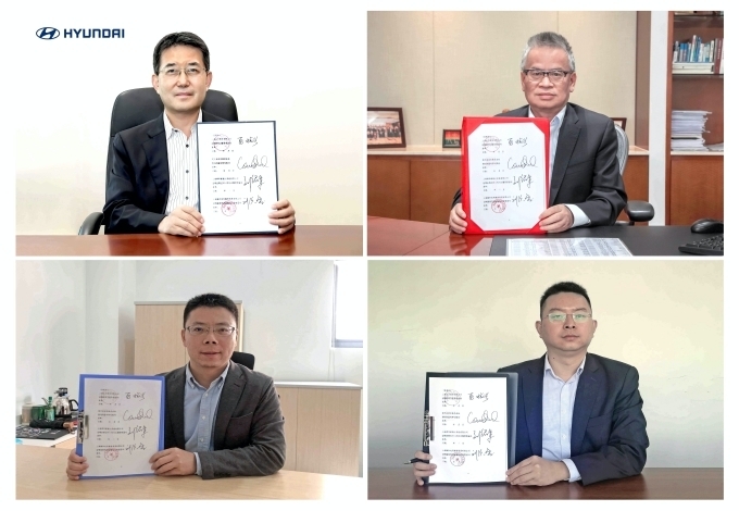 (사진 왼쪽 위부터 시계 방향으로) 지난 10월 27일(화) 현대차 상용사업본부장 이인철 부사장, 상해전력고분유한공사 샤메이싱 부총경리, 상해융화전과융자리스유한공사 류쉬바오 부총경리, 상해순화신에너지시스템유한공사 류샤오쥔 총경리가 비대면 업무협약식을 진행하는 모습