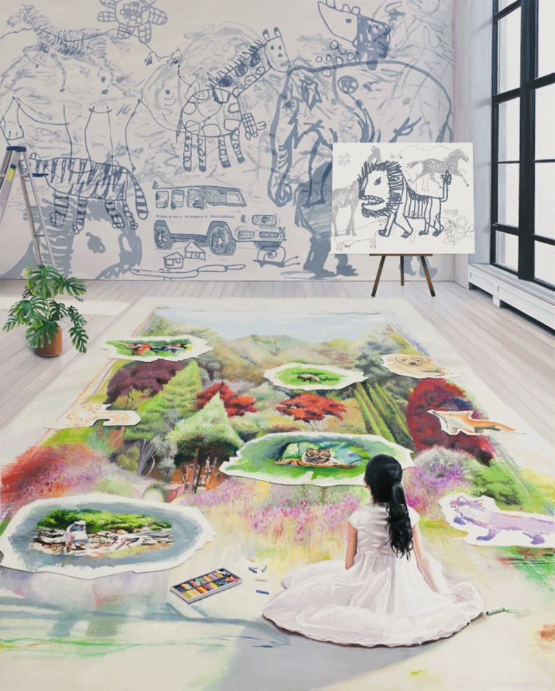 드림그림 X 배준성, <The Costume of Painter - at the studio-into the forest> Lenticular and oil on canvas, h162.2 x w130.3(100F), 2020