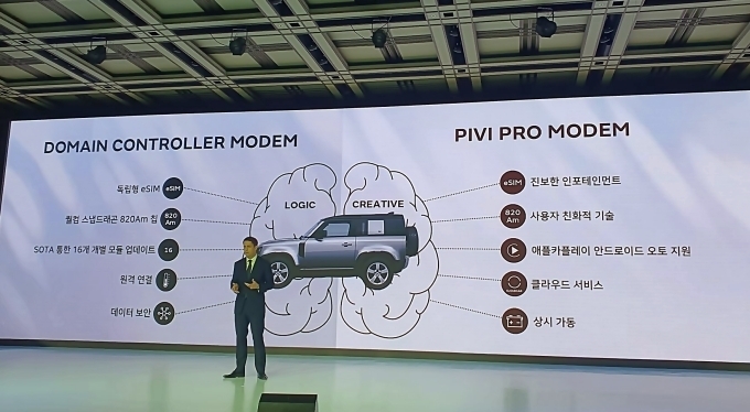 로빈 콜건 재규어 랜드로버 코리아 대표가 15일 그랜드 하얏트 서울에서 열린 기자간담회에서 신규 모델에 순정형 T맵 내장된 차세대 인포테인먼트 시스템 피비 프로에 대해 발표하고 있다.