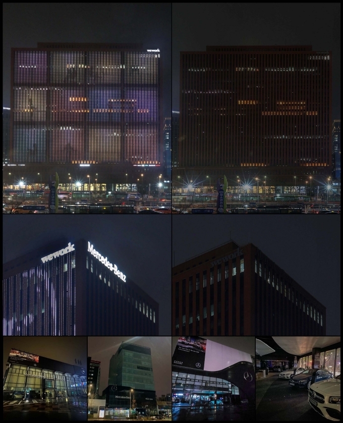 메르세데스-벤츠 코리아 한국 사무실이 위치한 서울스퀘어 및 메르세데스-벤츠 전시장 소등 전후 모습