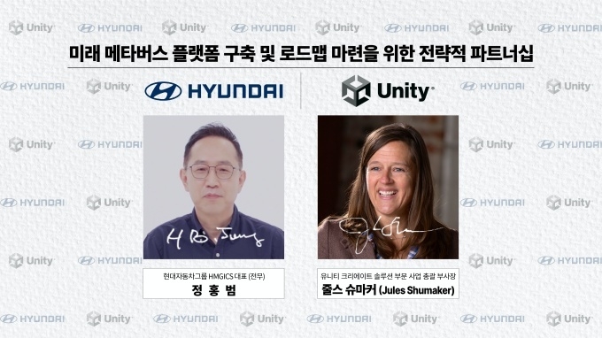 (왼쪽부터) 현대차그룹 정홍범 HMGICS 대표(전무)와 유니티 줄스 슈마커(Jules Shumaker) 크리에이트 솔루션 부문 사업 총괄 부사장이 6일(현지시간) 현대차와 유니티 간 ‘미래 메타버스 플랫폼 구축 및 로드맵 마련을 위한 전략적 파트너십’을 체결했다.