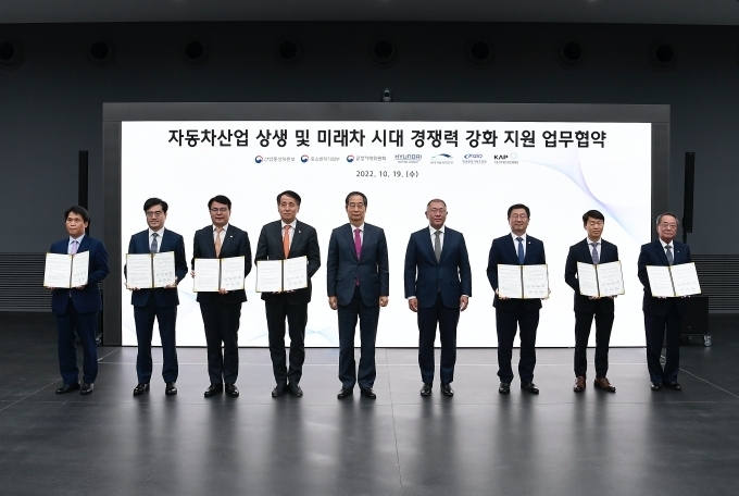 19일(수) 경기도 화성시 소재 현대차·기아 기술연구소에서 열린 『자동차산업 상생 및 미래차 시대 경쟁력 강화 지원』을 위한 업무협약 체결식에서 (왼쪽부터) 한국공정거래조정원 김형배 원장, 현대차그룹 전략기획담당 공영운 사장, 중소벤처기업부 조주현 차관, 산업통상자원부 장영진 1차관, 한덕수 국무총리, 현대차그룹 정의선 회장, 공정거래위원회 윤수현 부위원장, 한국자동차연구원 나승식 원장, 자동차부품산업진흥재단 오원석 이사장이 기념 촬영하고 있는 모습