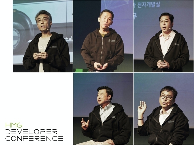 제2회 hmg 개발자 컨퍼런스에 연사로 참여한 현대차그룹 임원들의 모습 (왼쪽 상단부터 시계 방향으로) 현대차그룹 TaaS본부 송창현 사장, 자율주행사업부 장웅준 전무, 전자개발실 안형기 상무, 차량제어전략실 김치경 상무, 현대오토에버 SW품질혁신사업부 김성운 상무
