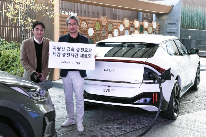 21일 백상진 티비유(TBU) 대표(왼쪽), 윤승규 기아 국내eBiz솔루션 실장(오른쪽)이 업무협약 체결 후 기념사진 촬영하고 있는 모습