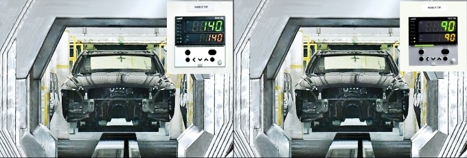 도장라인을 통과하고 있는 G80 차체. 고온 경도(왼쪽)와 저온 경도의 차이를 나타내는 비교 이미지.