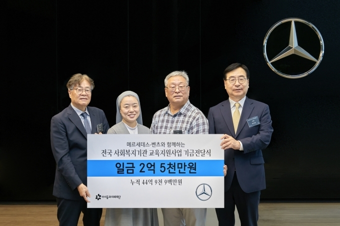 (오른쪽)메르세데스-벤츠 사회공헌위원회 임진달 부의장과 (왼쪽)사회복지법인 아이들과미래재단 김효승 상임이사가 전국 35개 사회복지기관에 ‘메르세데스-벤츠 올투게더’ 기금 2억5천만원을 전달하고 기념 사진을 찍고 있다.