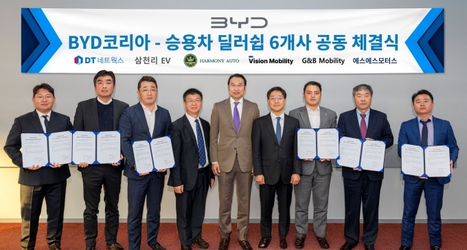 (왼쪽부터) 지엔비모빌리티 이민욱 대표, 비전모빌리티 박봉관 대표, 에스에스모터스 박상무 대표, BYD코리아 딩하이미아오 대표, BYD 아시아태평양 자동차 영업사업부 류쉐량 총경리, BYD코리아 조인철 승용부문 대표, DT네트웍스 권혁민 부회장, 삼천리EV 손원현 대표, 하모니오토모빌 마린영 수석 대표가 사진촬영을 하고 있다.