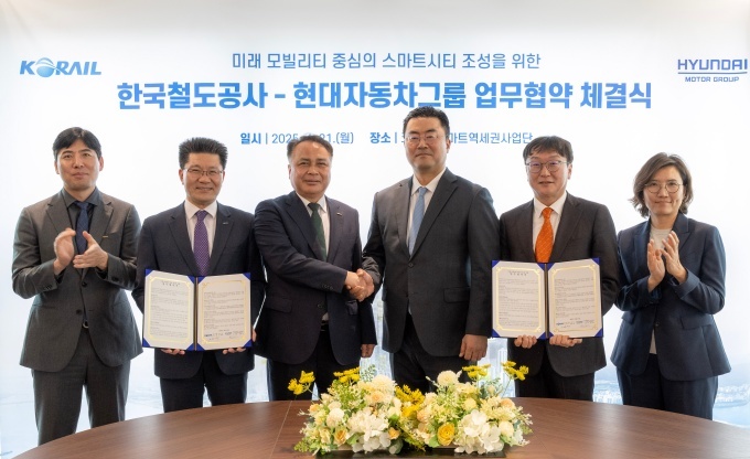 (왼쪽부터) 한국철도공사 스마트역세권사업단 강정철 단장, 신성장사업본부 김기태 본부장, 정정래 부사장, 현대자동차그룹 GSO 김흥수 부사장, 스마트시티추진실 이재용 상무, AVP본부 모빌리티사업실 김수영 상무