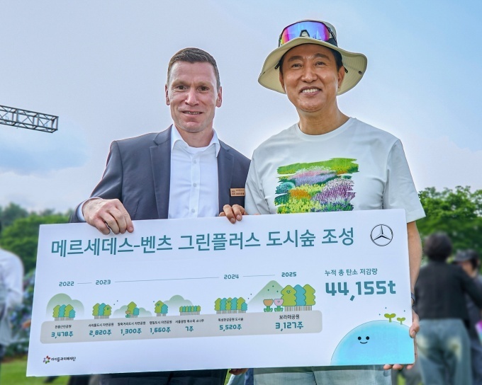(왼쪽부터) 마티아스 바이틀 메르세데스-벤츠 코리아 대표와 오세훈 서울시장이 '2025 서울국제정원박람회' 개막식에서 기념촬영을 하고 있다.