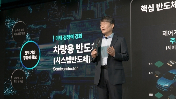 이규석 현대모비스 사장이 27일 여의도 페어몬트 호텔에서 열린 ‘2025 CEO 인베스터 데이’ 발표자로 나서 회사 미래 성장 전략과 구체적인 실행 계획을 발표하고 있다.