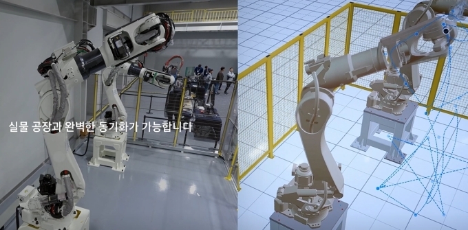NVIDIA 옴니버스 기술을 활용해 가상현실 속에서 실제 공장 설비와 연동한 디지털 트윈 시뮬레이션을 진행하는 장면